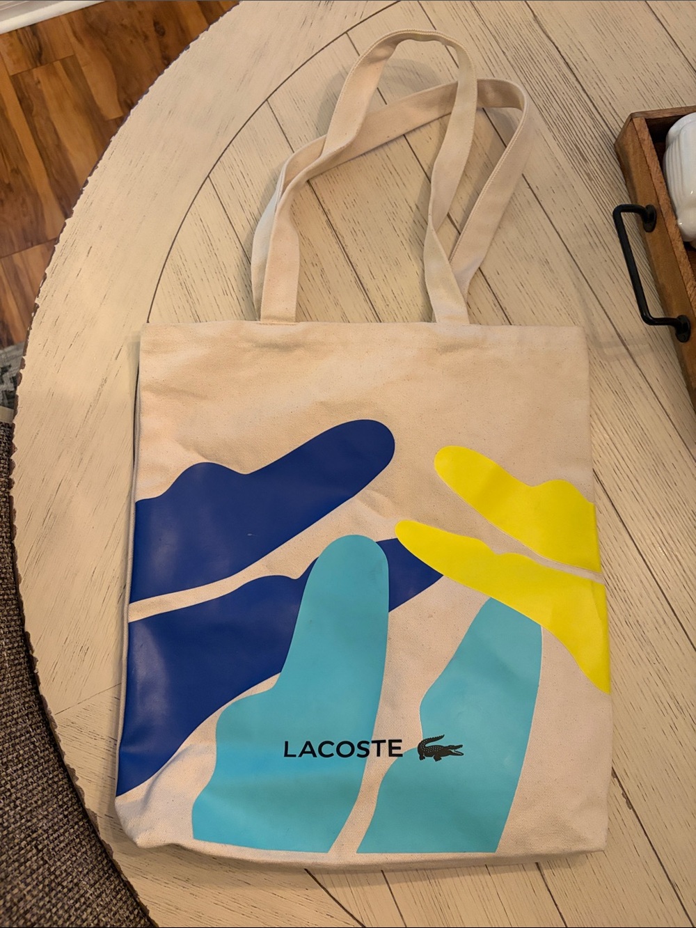 Lacoste Canvas Tote with Navy, Turquoise & Yellow Abstract Print